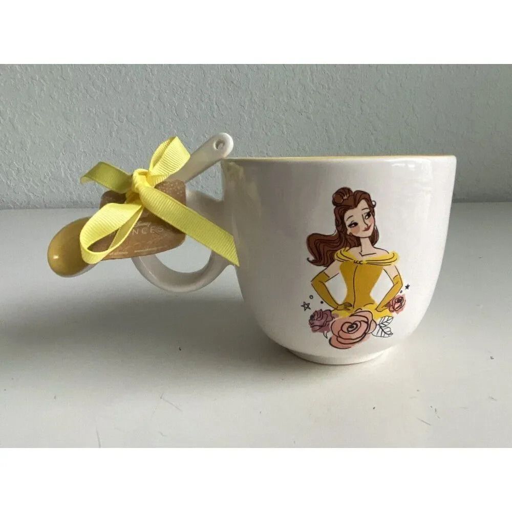 Rae Dunn Disney Princess Belle Ceramic Mug Tea Cup With Spoon Double Sided NEW